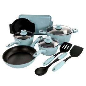 Oster Lynhurst 12 Piece Nonstick Aluminum Cookware Set In Blue With Kitchen Tools