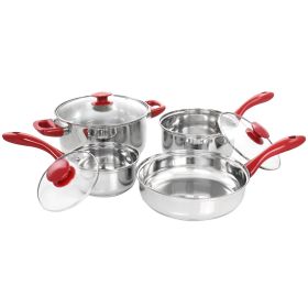 Gibson Home Crawson 7 Piece Stainless Steel Cookware Set In Chrome With Red Handles