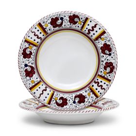 ORVIETO RED ROOSTER: Rim Pasta Soup Bowl (White Center) [STRIPED RIM]