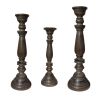 Handmade Pillar Shape Wooden Candle Holder with Flared Top, Brown and Gray, Set of 3