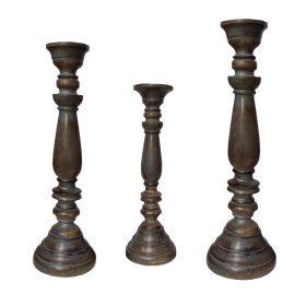 Handmade Pillar Shape Wooden Candle Holder with Flared Top, Brown and Gray, Set of 3