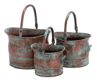 Green Tinged Metal Bucket Planter With Handles, Set of 3