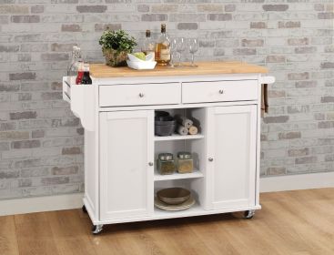 Wood Kitchen Cart, 2 Door Cabinet, Natural Brown, White