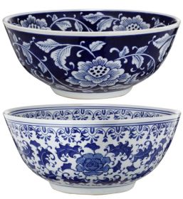 Round Ceramic Bowl with Floral Print, Set of 2, Blue And White,