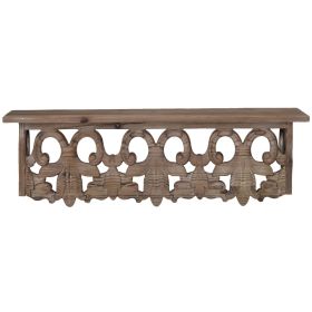 23.5 Inches Wooden Wall Shelf with Scrollwork, Small, Brown