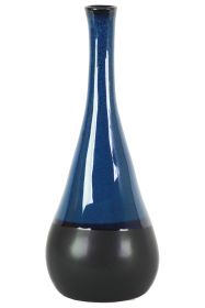 Bellied Stoneware Vase With Black Banded Rim, Large, Glossy Blue