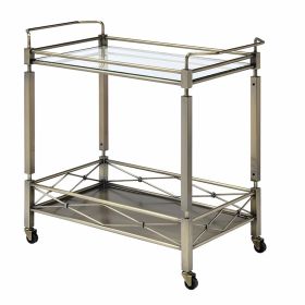 Two Tiered Metal Serving Cart with Glass Shelves and Side Rails, Antique Gold