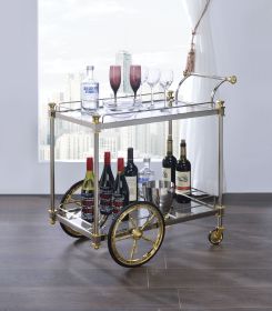 Metal Framed Serving Cart with Glass Shelves and Side Handle, Silver and Gold