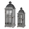 Wood and Metal Lanterns with Glass Window Pane Design, Gray, Set of 2