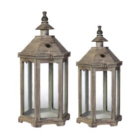 Temple Design Wooden Lantern with Glass Panels, Brown, Set of 2