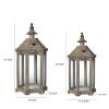 Temple Design Wooden Lantern with Glass Panels, Brown, Set of 2