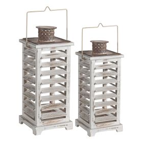 Wood and Metal Lanterns with Louvered Design, White, Set of 2