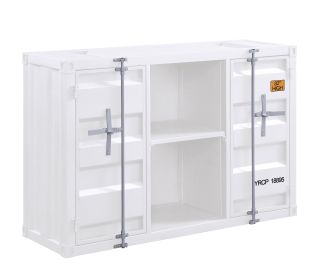 Industrial Metal Server with 2 Door Cabinet and 2 Open Shelves, White