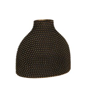 Honeycomb Ceramic Vase with Beaded Details, Gold and Black