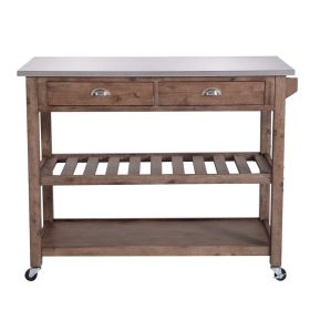 2 Drawers Wooden Kitchen Cart with Metal Top and Casters, Gray and Brown