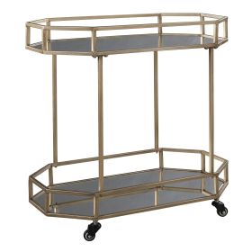 Octagonal Metal Bar Cart with Mirrored Top and Bottom, Silver and Gold