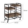 Metal Frame Serving Cart with 3 Open Storage and Casters, Brown and Black