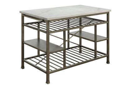 Marble Top Metal Kitchen Island with 2 Slated Shelves, Gray and White