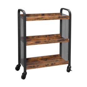 3 Tier Wood and Metal Kitchen Cart with Mesh Side Panel, Brown and Black