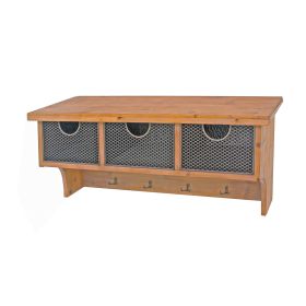 Wooden Wall Shelf with 4 Hooks and 3 Wire Baskets, Brown