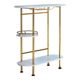 Oblong Shape Metal Bar Unit with Stemware Rack, White and Gold