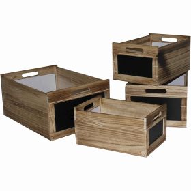 Chalkboard Inserted Wooden Storage Box with Cutout Handles, Set of 4,Brown