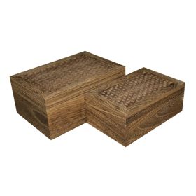 Wooden Storage Box with Intricately Carved Lidded Top, Set of 2, Brown