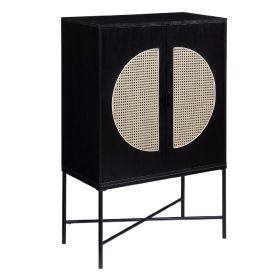 47 Inch Wood Wine Cabinet with Glass Holder, Metal Legs, Black