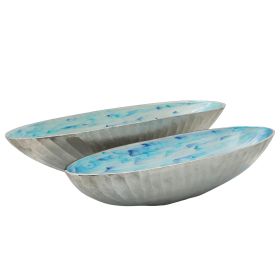 24 Inch Modern Oval Bowl, Ribbed Pattern, Set of 2, Sky Blue and Silver