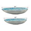 24 Inch Modern Oval Bowl, Ribbed Pattern, Set of 2, Sky Blue and Silver