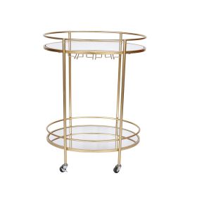 32 Inch Modern Metal Bar Cart, Oval, Mirrored Shelves, Stemware Rack, Gold