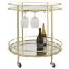 32 Inch Modern Metal Bar Cart, Oval, Mirrored Shelves, Stemware Rack, Gold