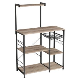 52 Inch Wood Bakers Rack, Kitchen Shelf, 6 Hooks, Workstation, Brown, Black