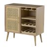 Dana 31 Inch Wood Wine Cabinet, 2 Shelves, Glass Hanger, Rattan Door, Brown