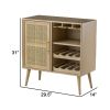 Dana 31 Inch Wood Wine Cabinet, 2 Shelves, Glass Hanger, Rattan Door, Brown