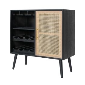 Dana 31 Inch Wood Wine Cabinet, 2 Shelves, 11 Racks, Rattan Door, Black