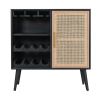 Dana 31 Inch Wood Wine Cabinet, 2 Shelves, 11 Racks, Rattan Door, Black