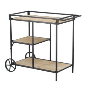 32 Inch Bar Cart, 3 Tiers, Fir Wood Shelves, Iron Frame, Black, Brown