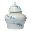 18 Inch Porcelain Ginger Jar, Artful Wispy Fish, Classic White and Blue