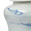 18 Inch Porcelain Ginger Jar, Artful Wispy Fish, Classic White and Blue