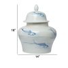 18 Inch Porcelain Ginger Jar, Artful Wispy Fish, Classic White and Blue