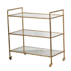 37 Inch Modern Bar Cart, 3 Tiers, Iron Frame, Glass Shelves, Antique Gold