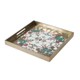 Miki 20 Inch Square Decorative Tray, Artisan Mirrored Damask Pattern, Gold