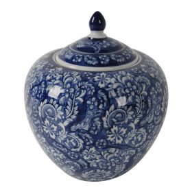 10 Inch Lidded Jar, Curved Round Persian Floral Print, Blue Porcelain