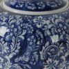 10 Inch Lidded Jar, Curved Round Persian Floral Print, Blue Porcelain