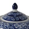 10 Inch Lidded Jar, Curved Round Persian Floral Print, Blue Porcelain