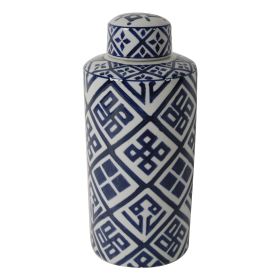 14 Inch Lidded Jar, Geometric Pattern, Cylindrical Blue and White Porcelain