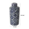 14 Inch Lidded Jar, Geometric Pattern, Cylindrical Blue and White Porcelain