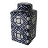 10 Inch Lidded Jar, Porcelain Construction, Deep Blue Graphic Trellis