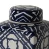 10 Inch Lidded Jar, Porcelain Construction, Deep Blue Graphic Trellis